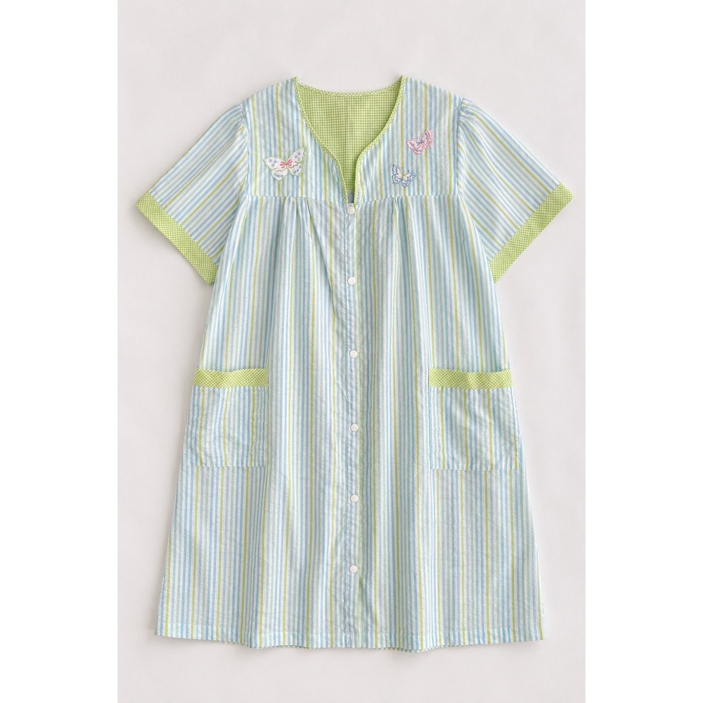 Vintage Mint Green Blue Nap Dress Nightgown Butterfly Snap Front Cottagecore L